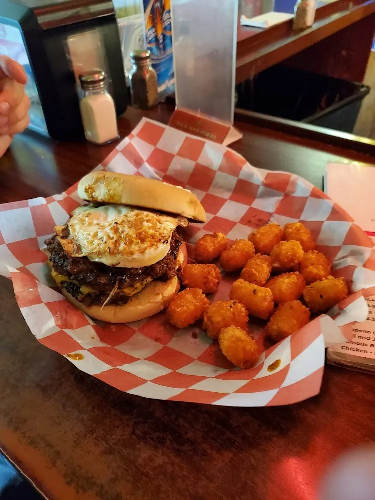 Double Chili Cheese Burger with Egg and Tots